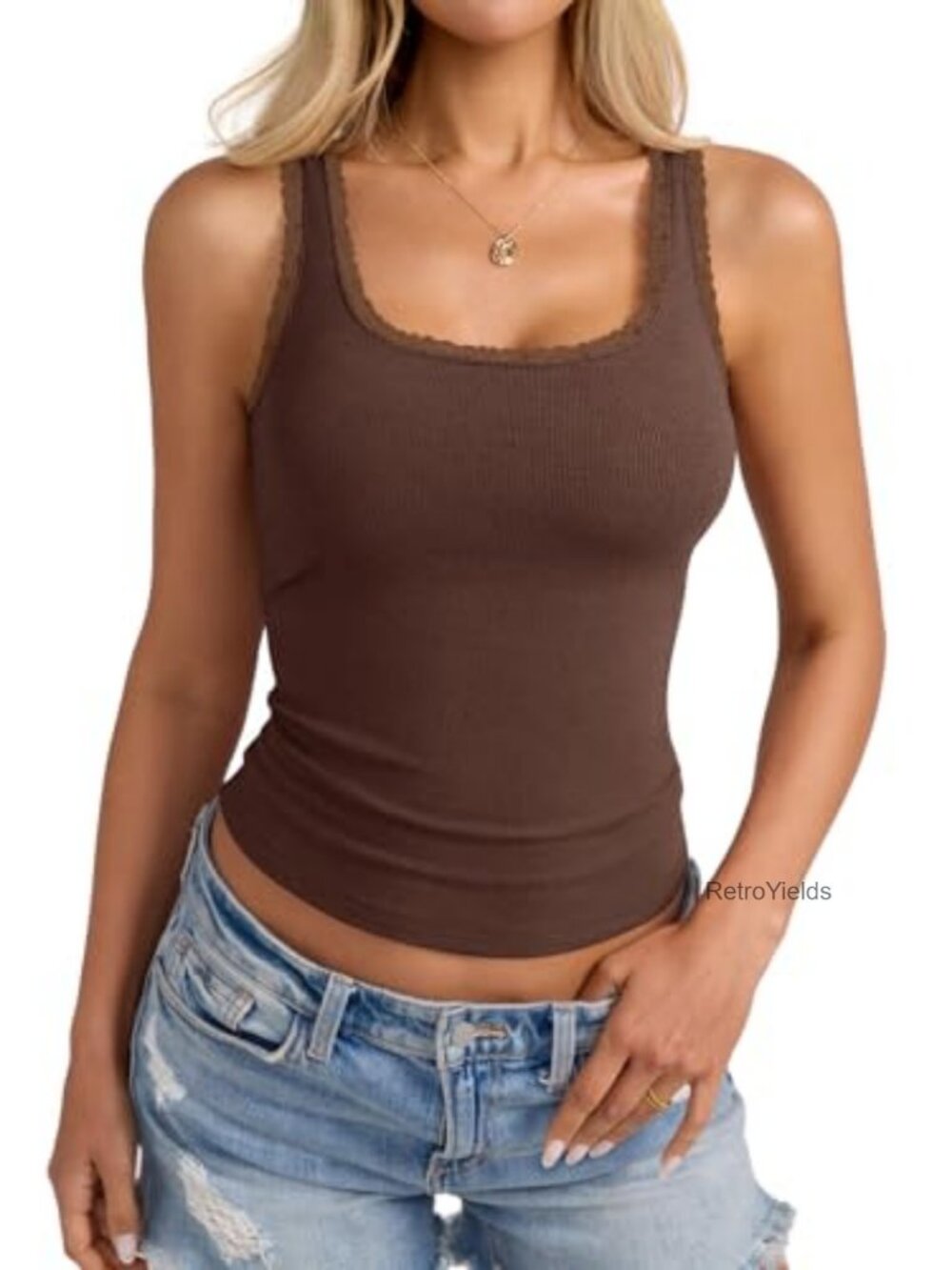 Lace Trim Cotton Ribbed Tank Top Cami Scoop Neck Stretch Sleeveless Summer